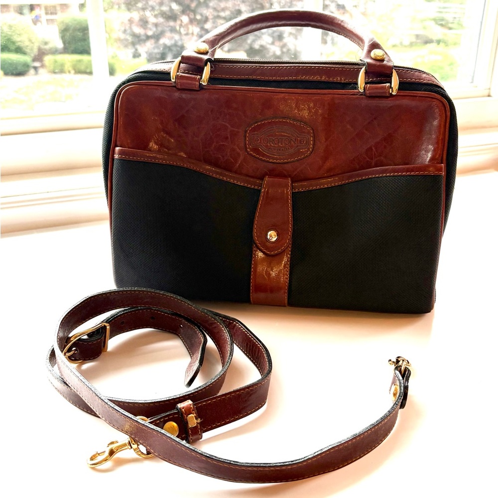 Oroton Leather and Canvas Bowling Handbag Black and Brown